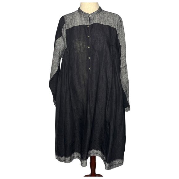 Injiri Dress 42 US XL Black Grey 100% Linen Long Sleeve Maxi India Boho - Picture 1 of 11